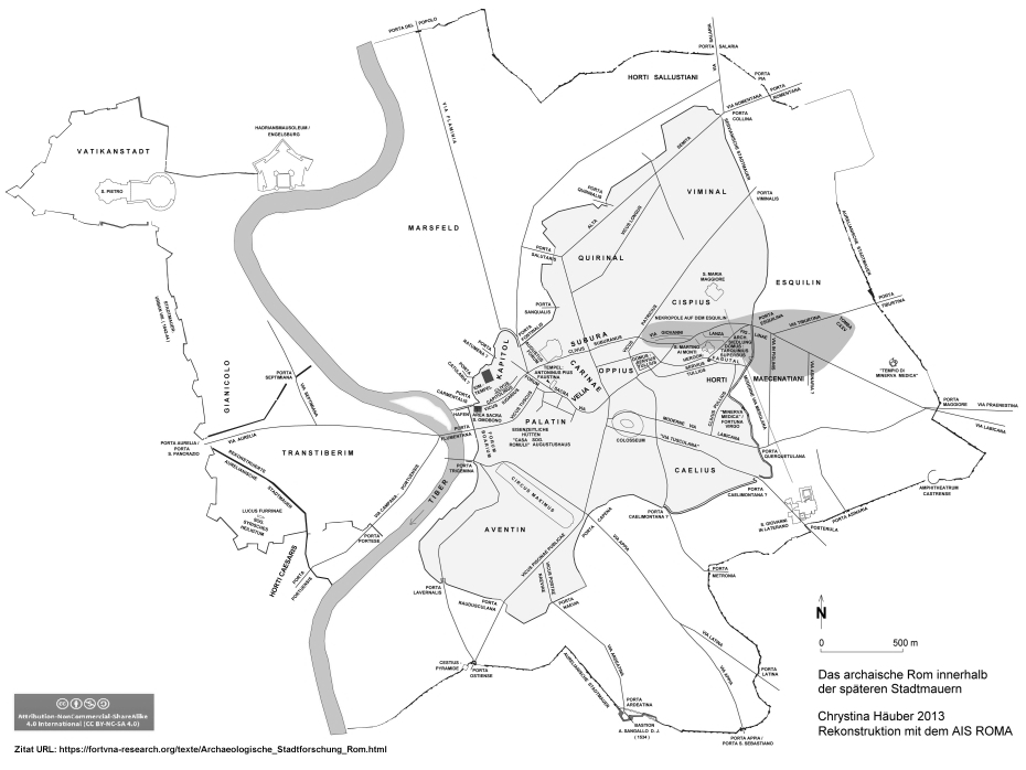 Häuber, Chrystina (2013): 
Map of Rome, Topographie der Stadt Rom by Chrystina Häuber Stadtplan Karte der Stadt Rom Map of Rome Roma Antike Stadtmauer city wall Archäologie
 Geographie Geschichte Archaeology archeologia geografia geography history storia