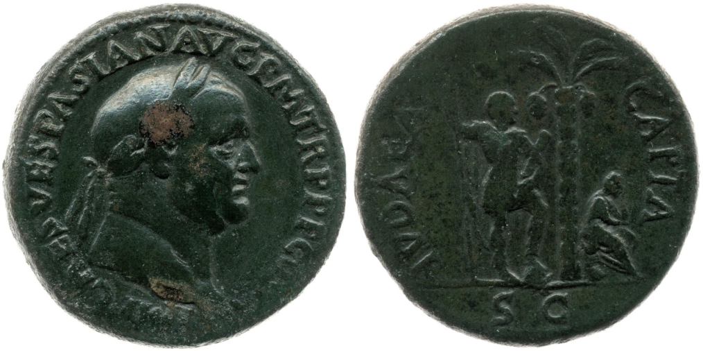 Sesterz, geprägt von Vespasian in Rom im Jahre 71 n. Chr.: IVDAEA CAPTA (RE2 / Coins of the Roman Empire in the British Museum, 
vol. II: Vespasian to Domitian (543, p.117) RIC2.1 / The Roman Imperial Coinage, vol.2 part 1: From AD 69 to AD 96: Vespasian to Domitian (167, p. 71). 
Courtesy of the British Museum, London