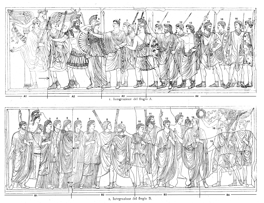 Figs. 1 and 2 drawing. F. Magis drawing of Frieze A and B
of the Cancelleria Reliefs, with numbering of slabs and represented figures.