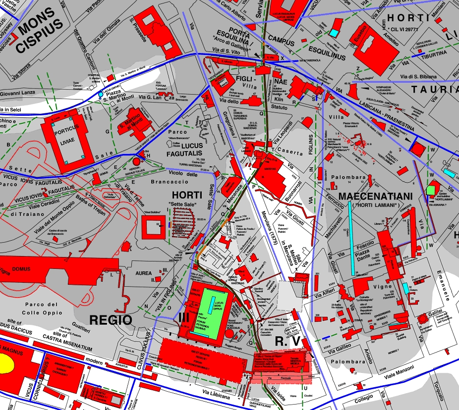 Diachrone topographische Romkarte: Forum Romanum bis Mons Oppius, Detail: Die Horti des Maecenas auf dem Mons Oppius, der zum Esquilin gehört. 
   Chrystina Häuber und Franz Xaver Schütz