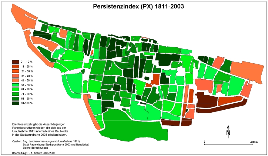 Persistenzindex für die Stadt Regensburg von 1811 bis 2003, Karte von Franz Xaver SCHÜTZ