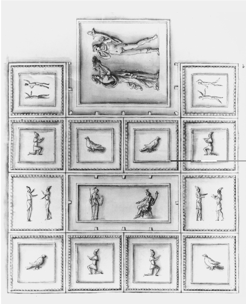 Aus: Häuber (2014, 33, Fig.) 7. Drawing from the `Paper Museum´ of Cassiano dal Pozzo, coffered ceiling. Represented are: Isis-Fortuna and 
Minerva, Harpocrates and a worshipper, doves and dancing men [das heisst, die Tauben und Anhänger der Dea Syria]. Drawn in the sanctuary Isis et Serapis in Regio III. 
Windsor Castle, Royal Collection Trust © Her Majesty Queen Elizabeth II 2013 (inv. no. RL 11398). Cf. Methodological approach, I; II.2.; II.6.; B 32