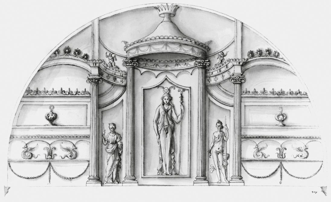 Aus: Häuber (2014, 34, Fig.) 8. Drawing from the `Paper Museum´ of Cassiano dal Pozzo, lunette. Represented are: 
Isis, Dea Syria/ Atargatis/ Venus and [Baal-]Hadad/ Apollo. Drawn in the sanctuary Isis et Serapis in Regio III. Windsor Castle, Royal Collection 
Trust © Her Majesty Queen Elizabeth II 2013 (inv. no. RL 11399). Cf. Methodological approach, I; II.2.; II.6