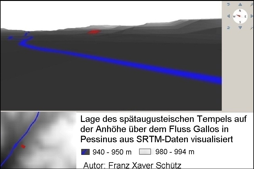 Geovisualisierung eines Tempelbaus über dem Fluss Gallos in Pessinus , Digitale Topographie der Stadt Rom