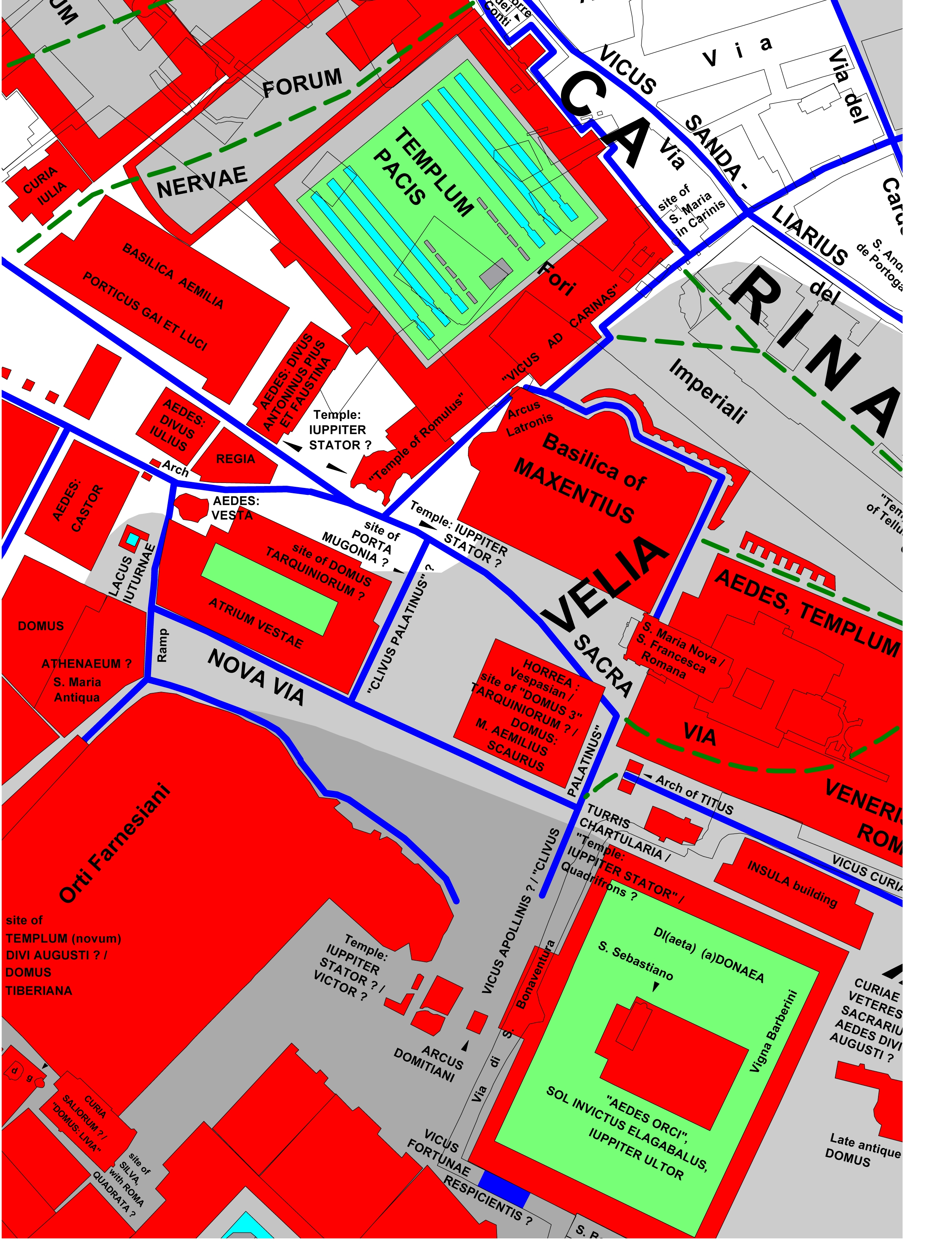 Fig. 4. Map showing the five different locations suggested for the temple of Iuppiter Stator. C. Häuber, AIS ROMA aus Chrystina Häuber 2014