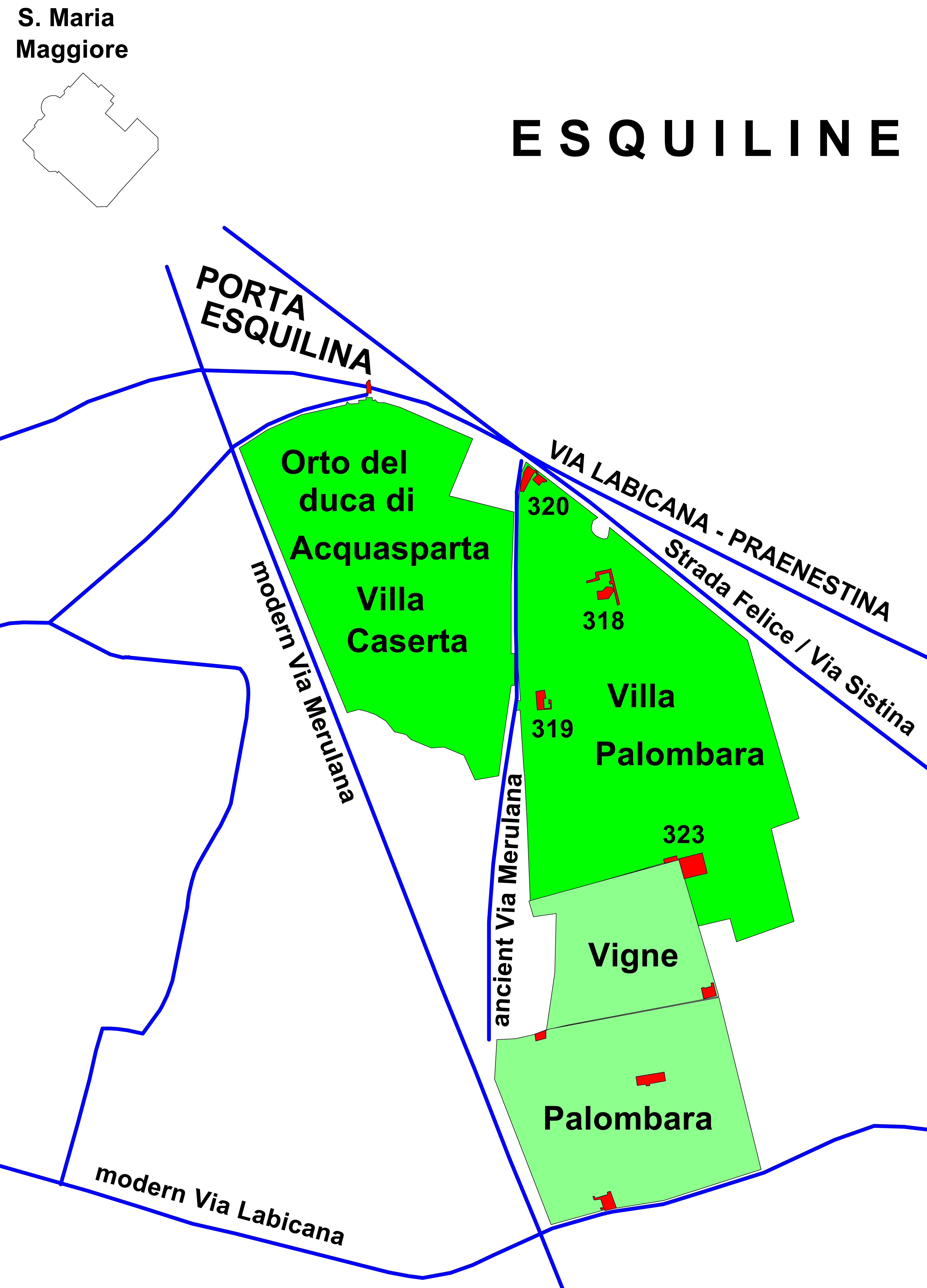 Fig. 12. Map showing the former Villa Palombara on the Esqui-line. C. Häuber, AIS ROMA aus Chrystina Häuber 2014