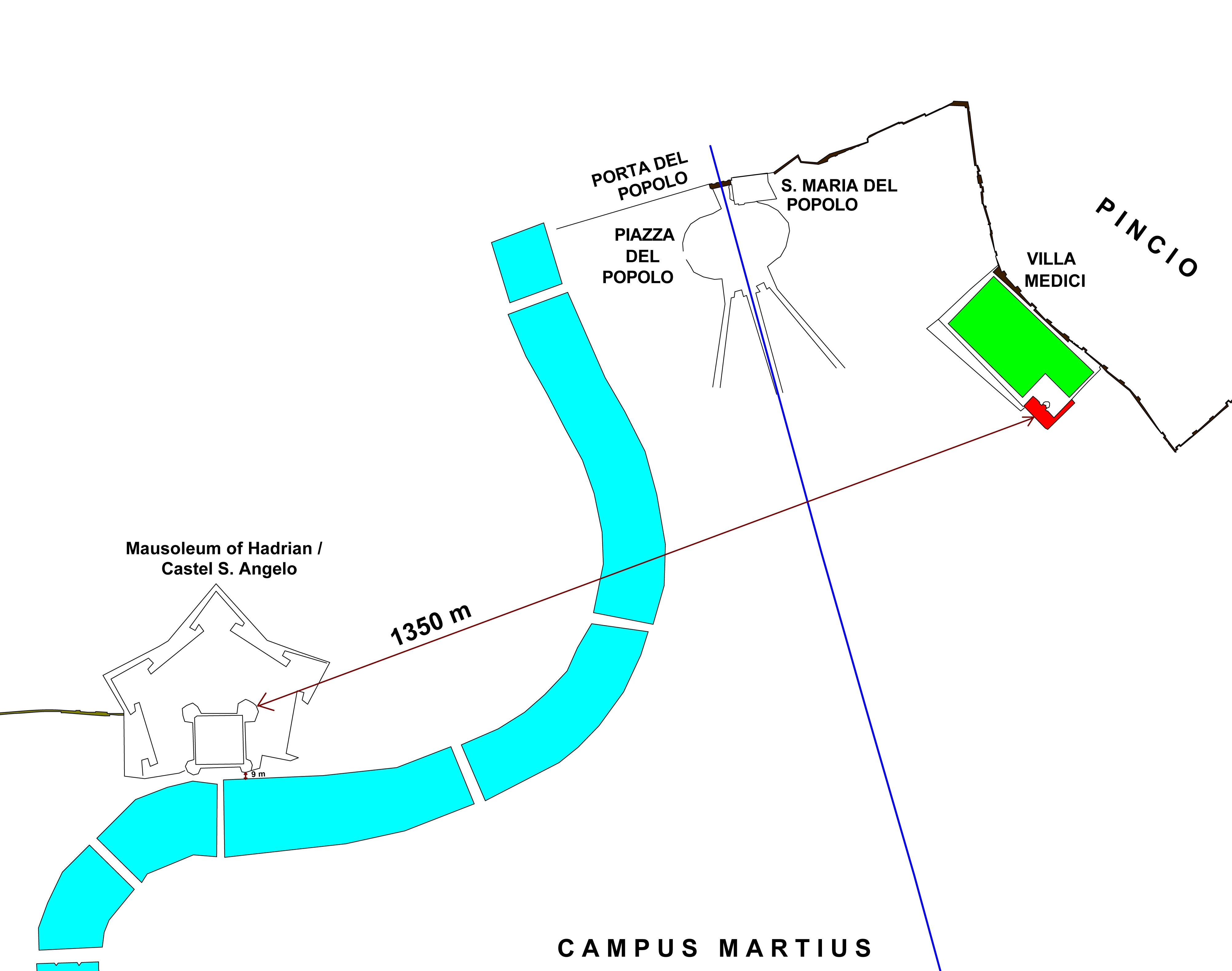 Fig. 8. Map showing Castel S. Angelo, Porta del Popolo, S. Maria del Popolo, Piazza del Popolo and Villa Medici. C. Häuber, AIS ROMA aus Chrystina Häuber 2014