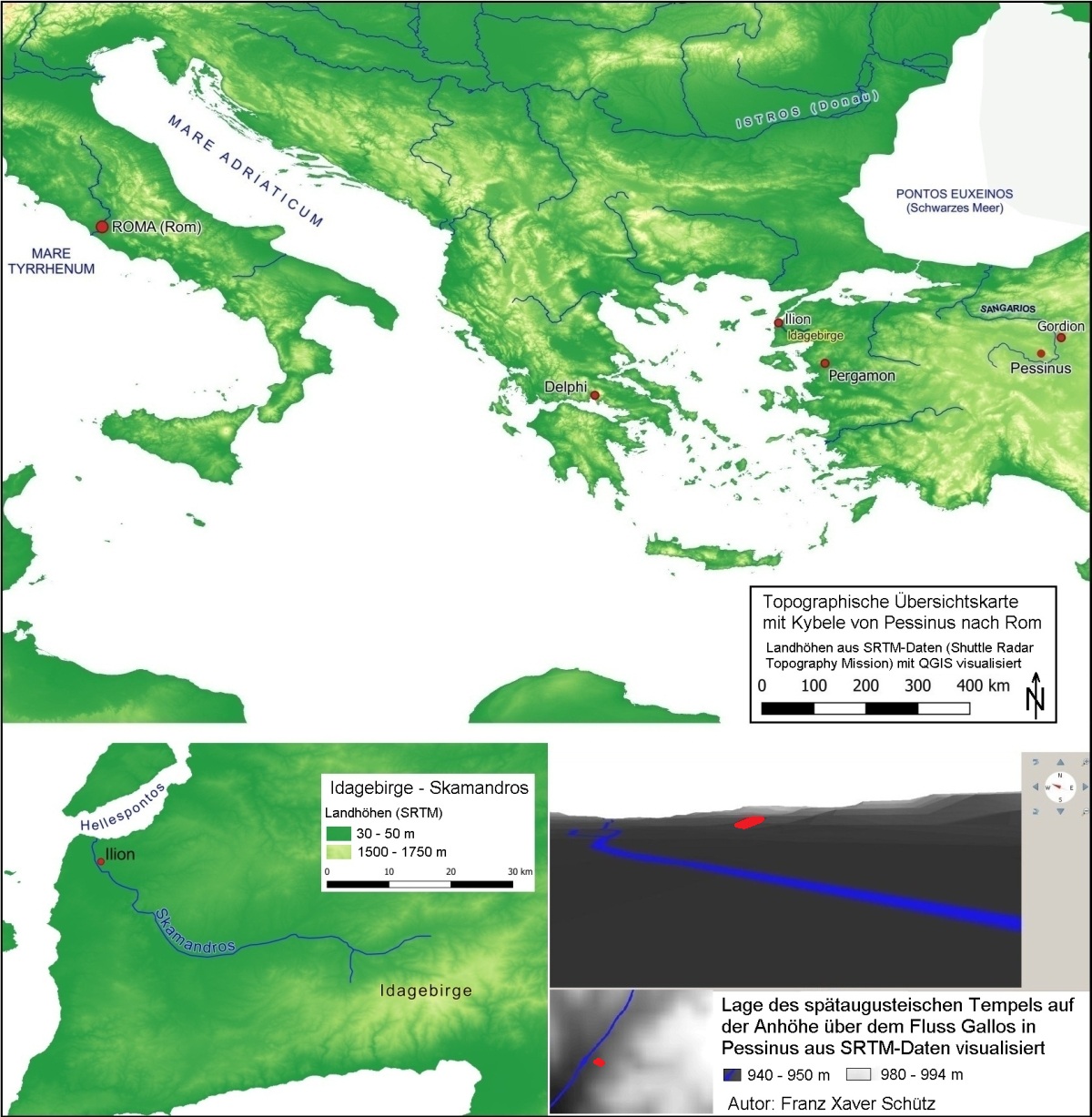 Karte Mittelmeer Ilion Skamandros Berg Ida Pessinus Pergamon Rom Aeneas