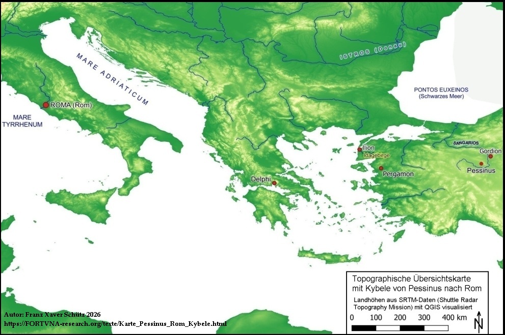 Topographische Übersichtskarte mit Kybele von Pessinus nach Rom , Digitale Topographie der Stadt Rom , Ilion , Troia , Sangarius , Delphi , Pergamon