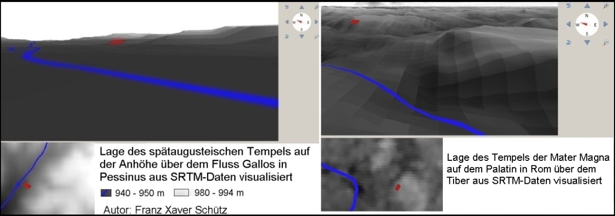 Karte 3D Geovisualisierung Lagevergleich der Tempel in Pessinus und Rom Gallos Tiber , Digitale Topographie der Stadt Rom